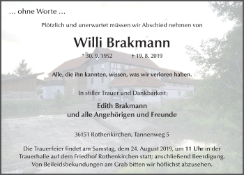 Traueranzeige von Willi Brakmann von FZ