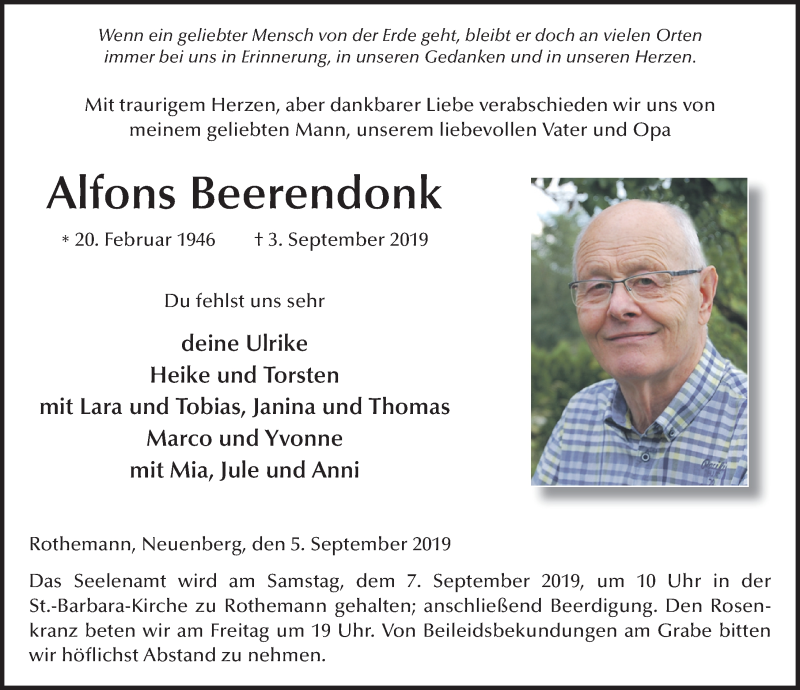  Traueranzeige für Alfons Beerendonk vom 05.09.2019 aus FZ