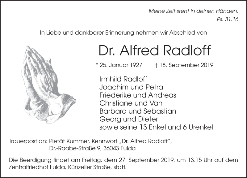  Traueranzeige für Alfred Radloff vom 21.09.2019 aus FZ