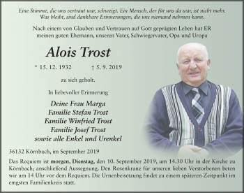 Traueranzeige von Alois Trost von FZ