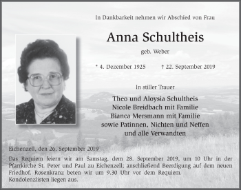 Traueranzeige von Anna Schultheis von FZ