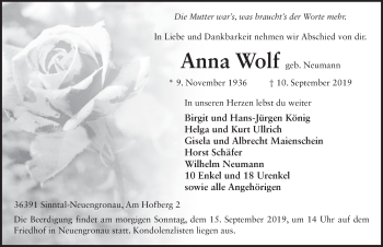 Traueranzeige von Anna Wolf von FZ