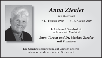 Traueranzeige von Anna Ziegler von FZ