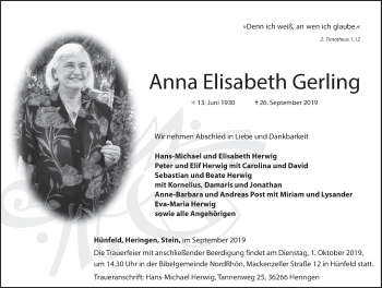 Traueranzeige von Anna Elisabeth Gerling von FZ