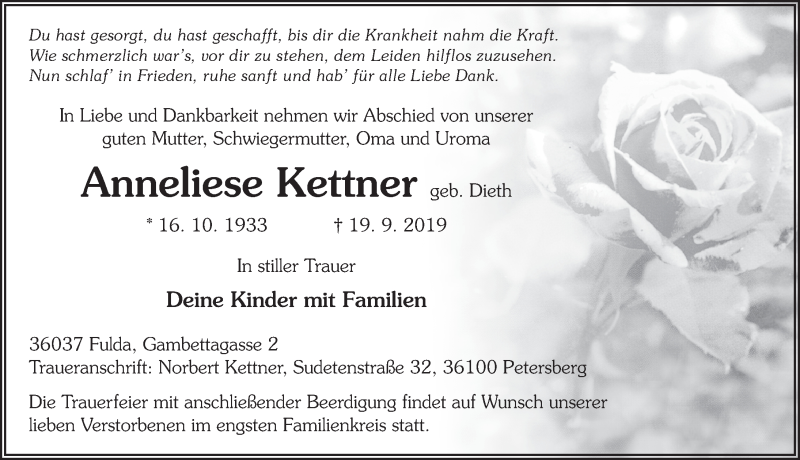  Traueranzeige für Anneliese Kettner vom 23.09.2019 aus FZ