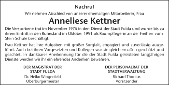Traueranzeige von Anneliese Kettner von FZ