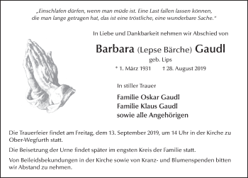 Traueranzeige von Barbara Gaudl von FZ