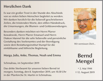 Traueranzeige von Bernd Mengel von FZ