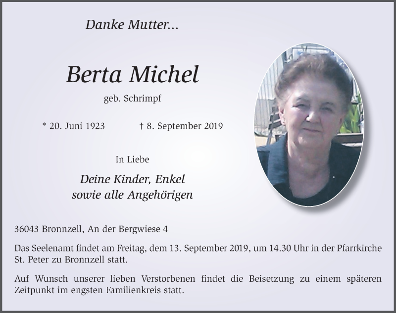  Traueranzeige für Berta Michel vom 10.09.2019 aus FZ