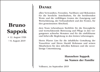 Traueranzeige von Bruno Sappok von FZ