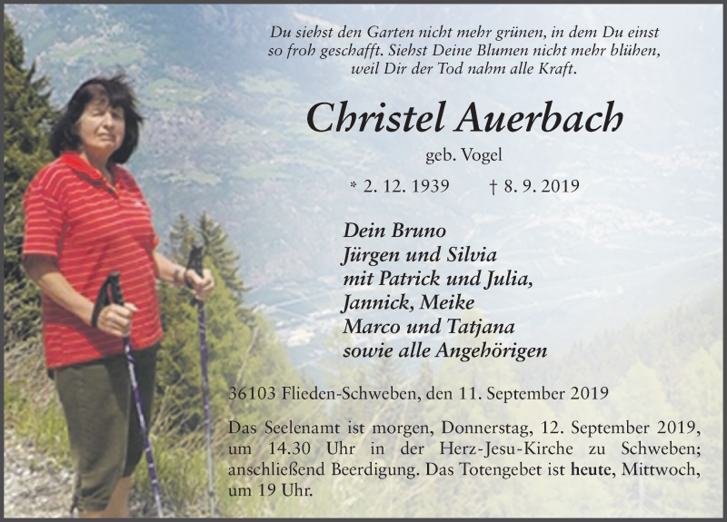  Traueranzeige für Christel Auerbach vom 11.09.2019 aus FZ
