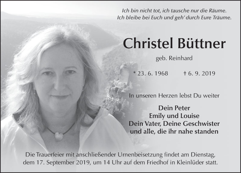  Traueranzeige für Christel Büttner vom 11.09.2019 aus FZ