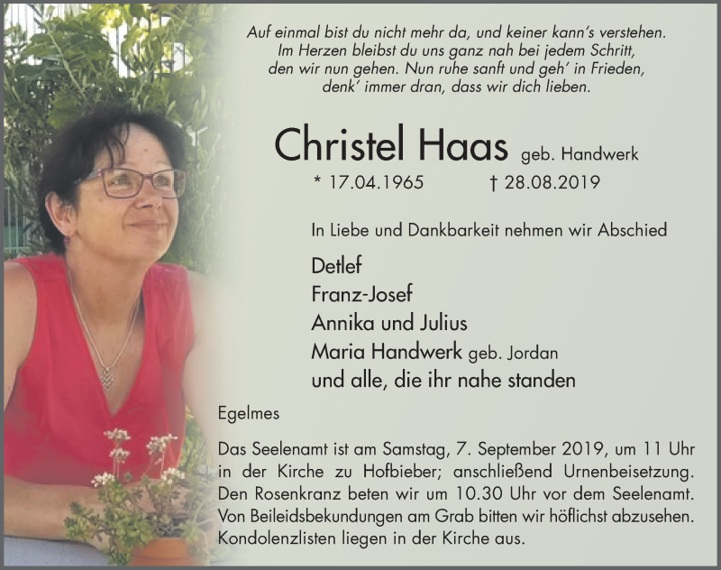  Traueranzeige für Christel Haas vom 04.09.2019 aus FZ