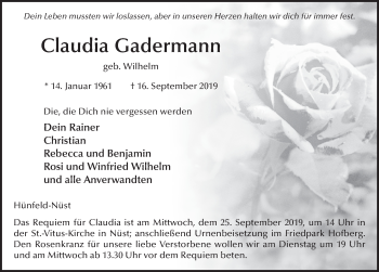 Traueranzeige von Claudia Gadermann von FZ