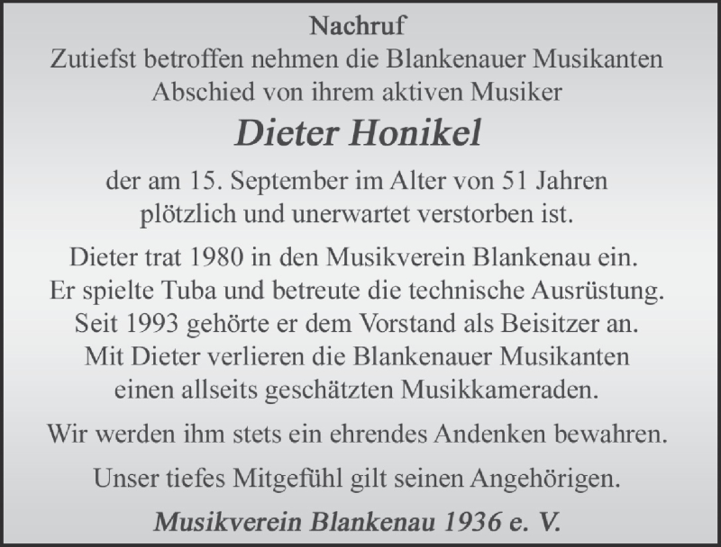  Traueranzeige für Dieter Honikel vom 24.09.2019 aus FZ