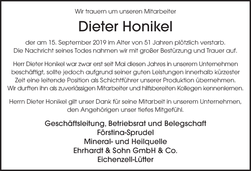  Traueranzeige für Dieter Honikel vom 24.09.2019 aus FZ