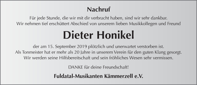  Traueranzeige für Dieter Honikel vom 24.09.2019 aus FZ