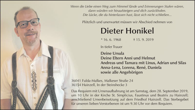  Traueranzeige für Dieter Honikel vom 24.09.2019 aus FZ