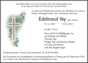 Traueranzeige von Edeltraud Vey von FZ