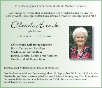 Traueranzeige von Elfriede Hornek von FZ
