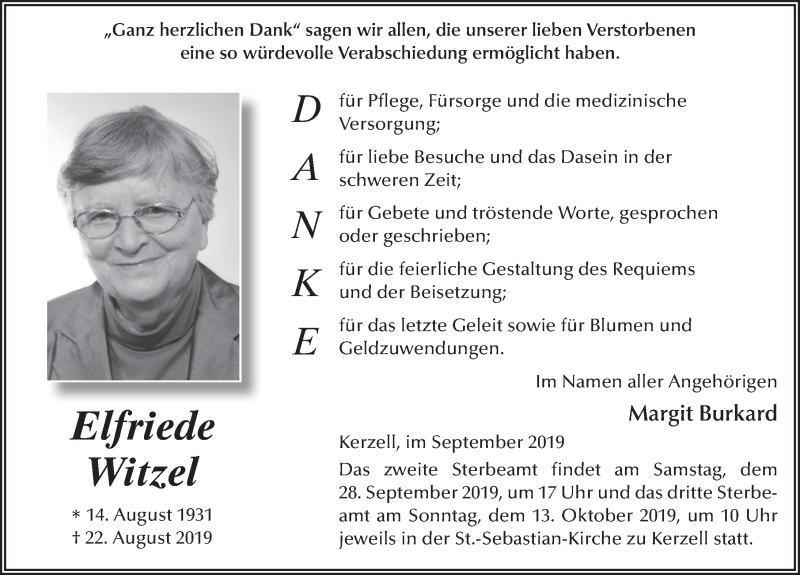  Traueranzeige für Elfriede Witzel vom 25.09.2019 aus FZ