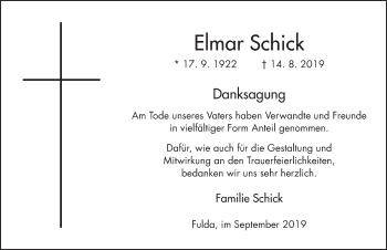 Traueranzeige von Elmar Schick von FZ