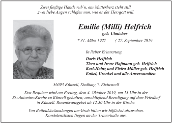 Traueranzeige von Emilie Helfrich von FZ