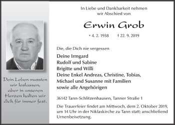 Traueranzeige von Erwin Grob von FZ