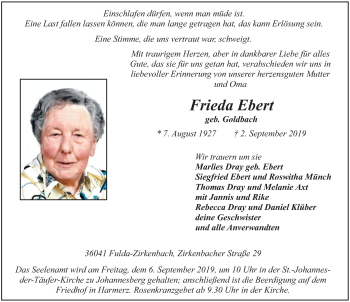 Traueranzeige von Frieda Ebert von FZ