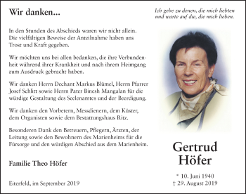 Traueranzeige von Gertrud Höfer von FZ