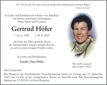 Traueranzeige von Gertrud Höfer von FZ