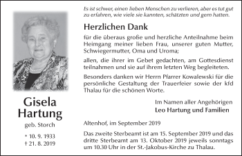 Traueranzeige von Gisela Hartung von FZ