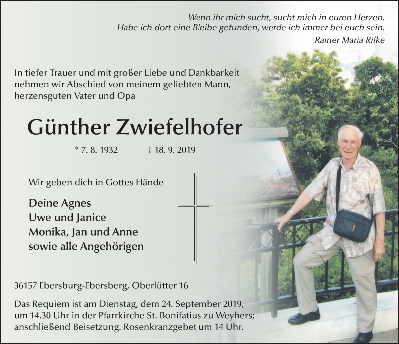  Traueranzeige für Günther Zwiefelhofer vom 21.09.2019 aus FZ