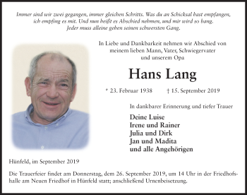 Traueranzeige von Hans Lang von FZ