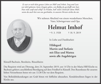Traueranzeige von Helmut Imhof von FZ