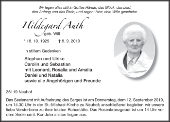 Traueranzeige von Hildegard Auth von FZ