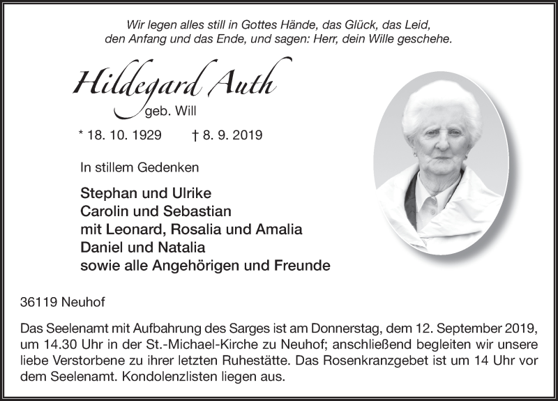  Traueranzeige für Hildegard Auth vom 10.09.2019 aus FZ