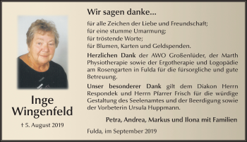 Traueranzeige von Inge Wingenfeld von FZ