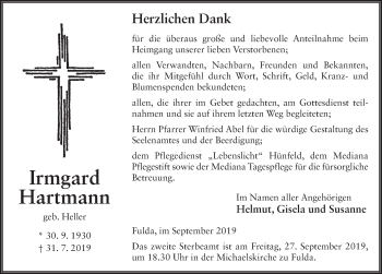 Traueranzeige von Irmgard Hartmann von FZ