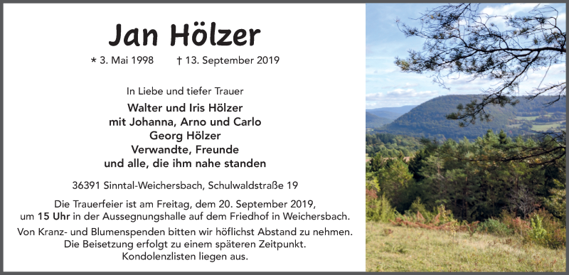 Traueranzeige für Jan Hölzer vom 19.09.2019 aus FZ