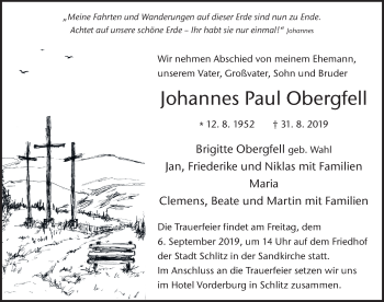 Traueranzeige von Johannes Paul Obergfell von FZ