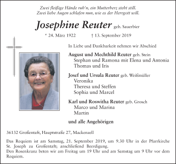 Traueranzeige von Josephine Reuter von FZ