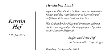 Traueranzeige von Kerstin Hof von FZ