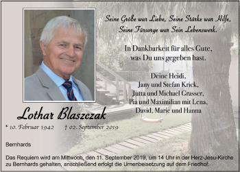 Traueranzeige von Lothar Blaszczak von FZ