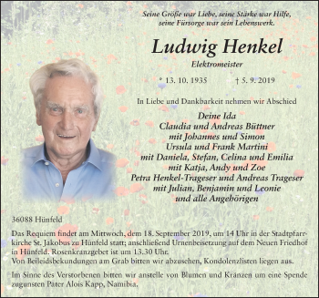 Traueranzeige von Ludwig Henkel von FZ