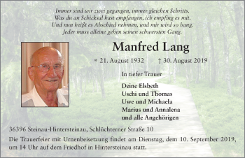 Traueranzeige von Manfred Lang von FZ