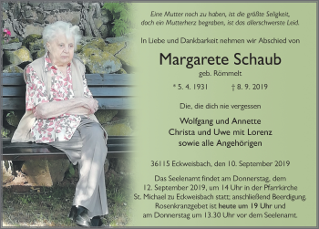 Traueranzeige von Margarete Schaub von FZ