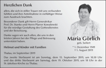 Traueranzeige von Maria Görlich von FZ