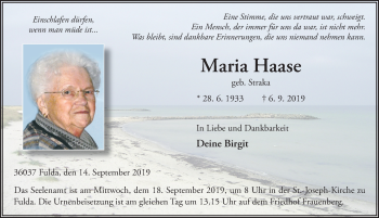 Traueranzeige von Maria Haase von FZ