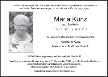 Traueranzeige von Maria Kunz von FZ